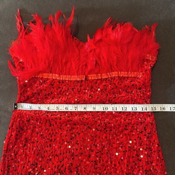 Women’s Short Red Strapless Sequined BodyCon Party Dress with Feathers Size L - Picture 10 of 16
